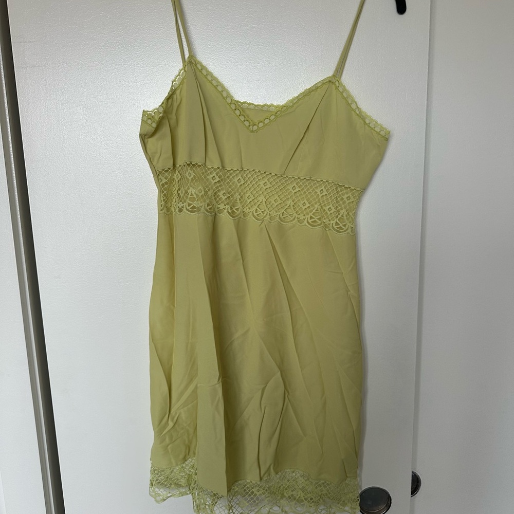 Lace Trim Spaghetti Strap mini slip Dress in chartreuse